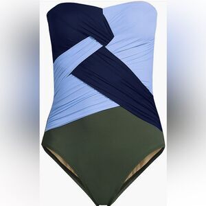 Land's End Bandeau slender suit cloud blue rich olive navy 1 piece swimsuit 12